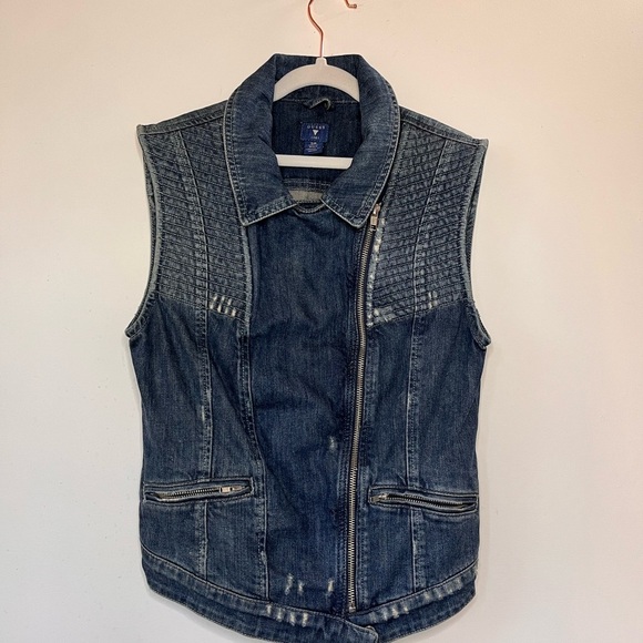 Guess Sleeveless Moto Denim Vest Grunge Biker Y2K Streetwear Distressed S Edgy - Picture 9 of 12